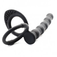 Anal Beads with 2 Cock Rings Silicone Black